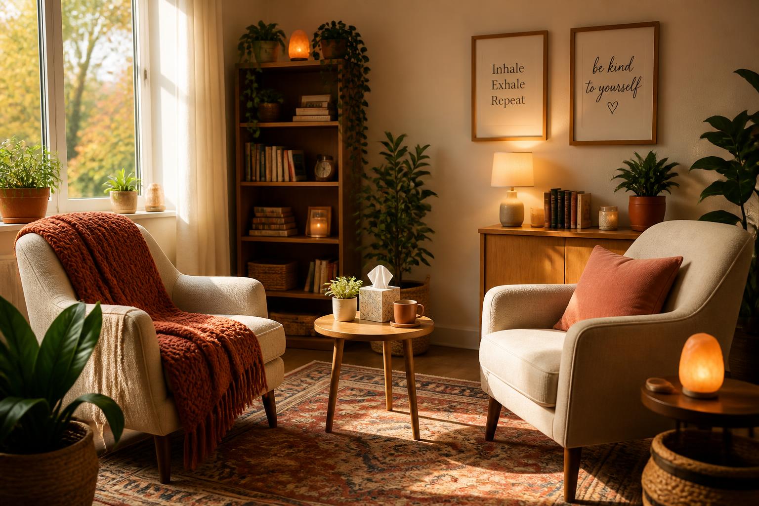 A warm counselling room with two chairs and afternoon light